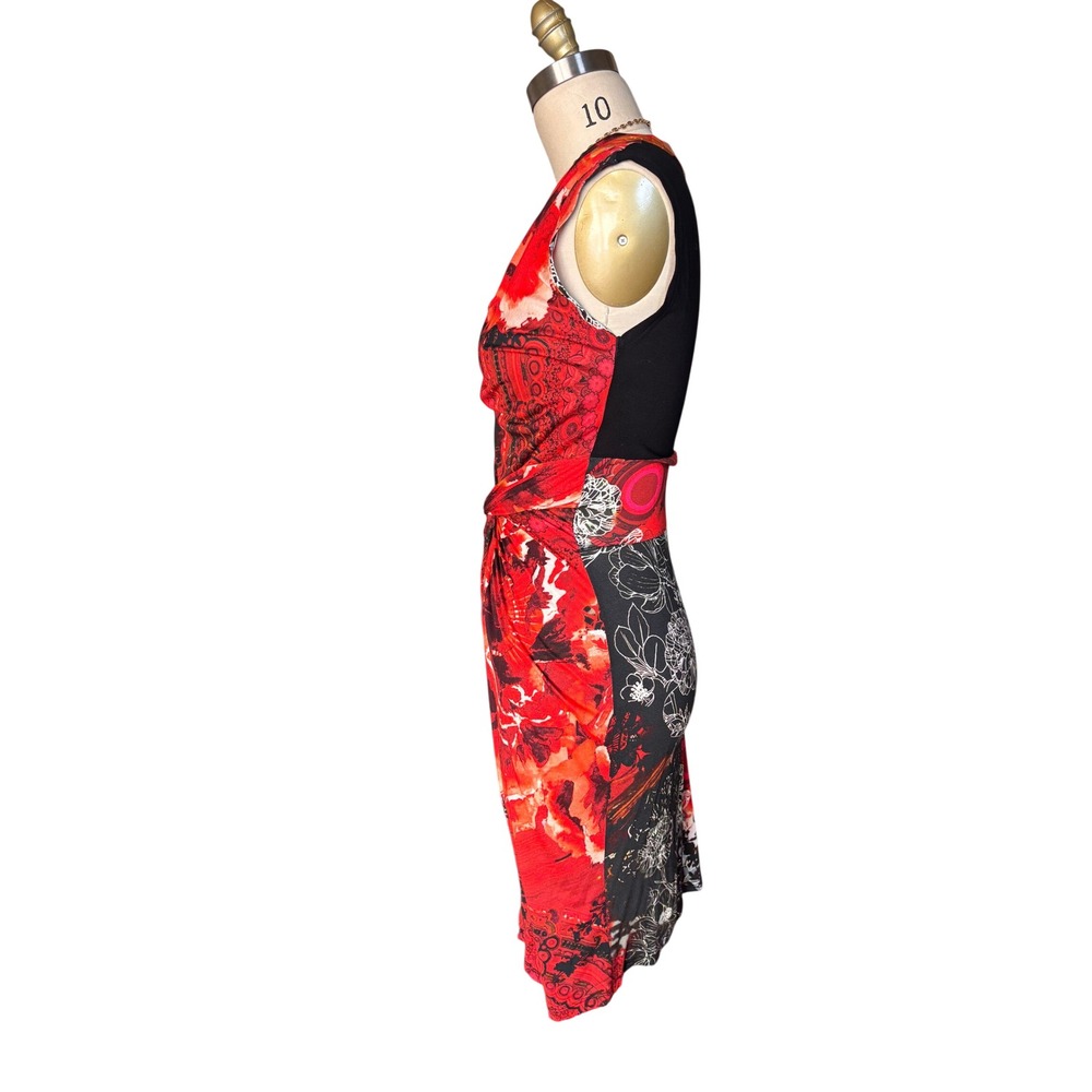 Abstract Floral Desigual Sheath Dress Twist Front Cowl Neck Size S/M Red Black - Picture 3 of 8